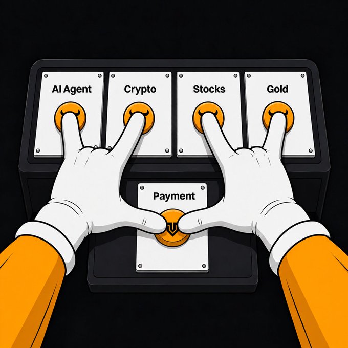 An illustration shows two white-gloved hands simultaneously pressing buttons labeled 'AI Agent', 'Crypto', 'Stocks', 'Gold', and 'Payment' on a control panel.