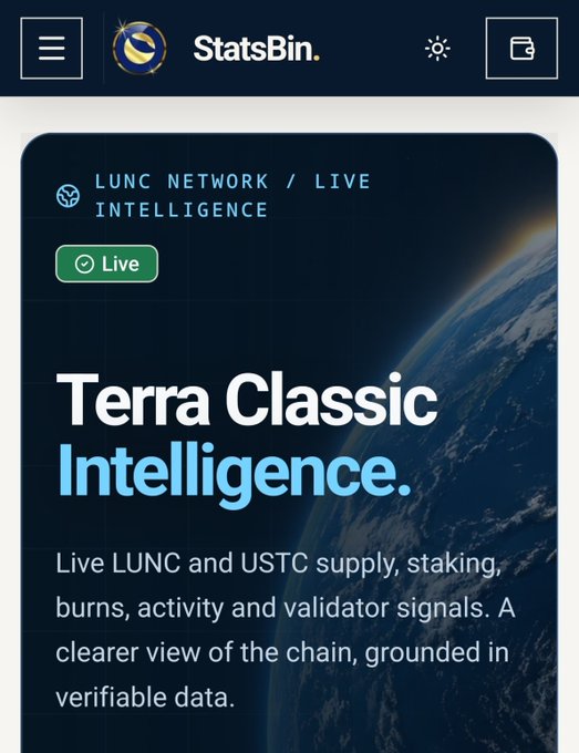 A screenshot of the StatsBin app homepage featuring a 'Live LUNC Network' section and promotional text for 'Terra Classic Intelligence' displaying live LUNC and USTC data.