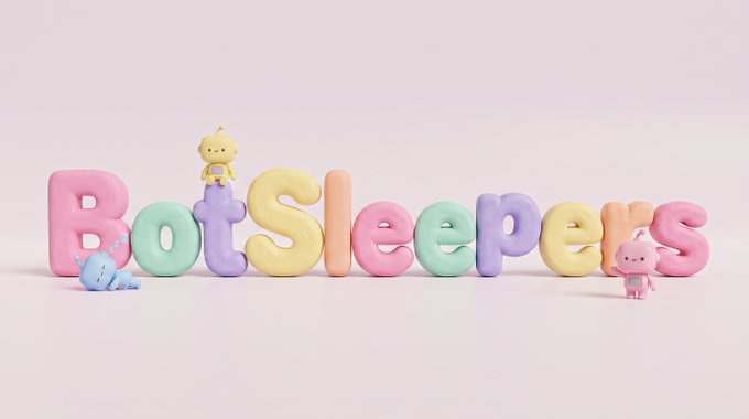 The image displays the pastel-colored text "BotSleepers" surrounded by small sleeping baby character figurines, visually illustrating the concept of inactive bots. This ties directly to the post's update, which introduces "BotSleepers" as a renamed feature highlighting dormant bots that have yet to make any weth purchases.
