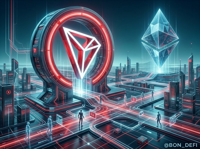 A digital artwork by '@BON_DEFI' depicts a futuristic cyberpunk cityscape featuring a large glowing red Tron logo and a floating Ethereum diamond.