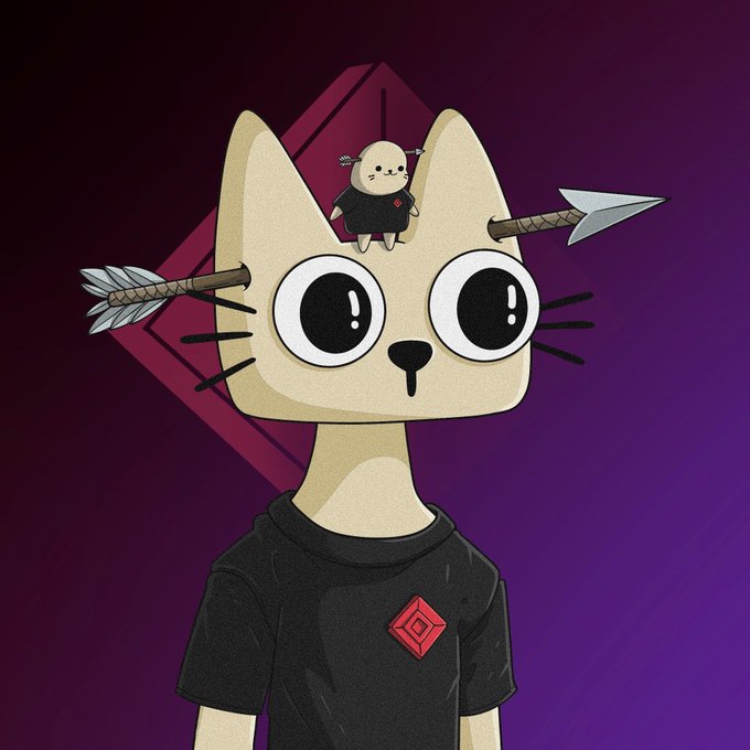 An illustration of a stylized cat with large eyes wearing a black shirt, with arrows stuck in its head and a small voodoo doll-like figure resting between its ears, set against a purple background.