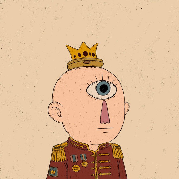 An illustration of a one-eyed bald character wearing a crown and a red military-style uniform adorned with medals.