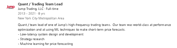 A LinkedIn job entry showing that a Monad founder previously worked as a Quant/Trading Team Lead at Jump Trading, LLC from 2013 to 2021, where they led high-frequency trading strategies involving low-latency system design, strategy research, and machine learning for price forecasting—highlighting the founders' deep HFT and quantitative trading background that likely benefits the project.