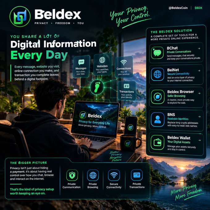 An infographic for Beldex ($BDX) titled 'Your Privacy. Your Control.', promoting its suite of digital privacy tools including BChat, BelNet, Beldex Browser, BNS, and Beldex Wallet to combat daily digital footprints.