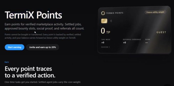 A website page titled 'TermiX Points' describes earning points for verified marketplace activity, showing '0 TP' with options to 'Start earning' or 'Invite and earn up to 20%'.
