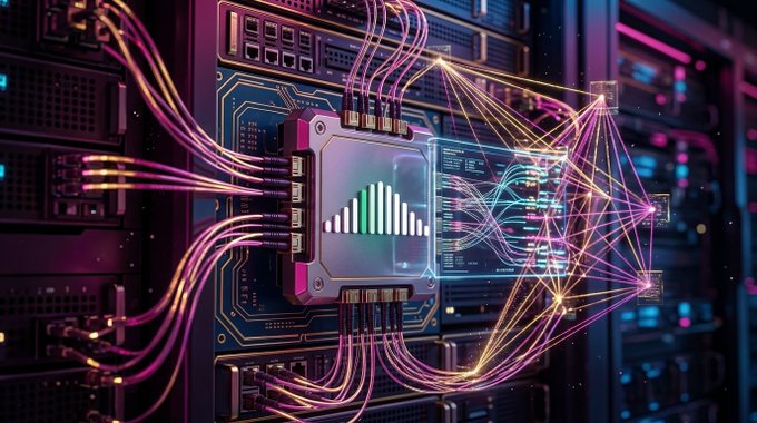 A futuristic digital illustration depicts a server rack with glowing purple and pink cables connected to a central processing unit, emitting holographic data visualizations and a bar chart.