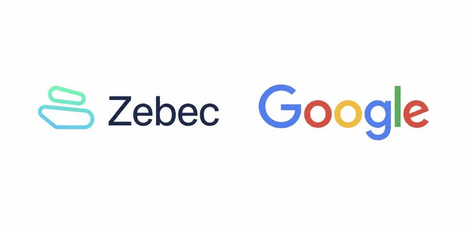 In the image, there are two logos side by side against each other. The logo for Google is blue and red, while the logo for Zebec is green and white. The text "The CEO of Zebec just had a visit with @Google What do you think could be in the works?" is also present on the image. This suggests that there might be some collaboration or partnership between these two companies, possibly related to technology or innovation.