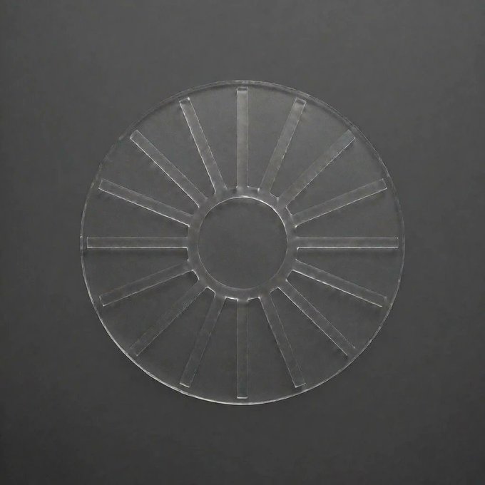 A clear plastic circular disc with radial spokes/wedges arranged around a center hole, photographed against a dark gray background.