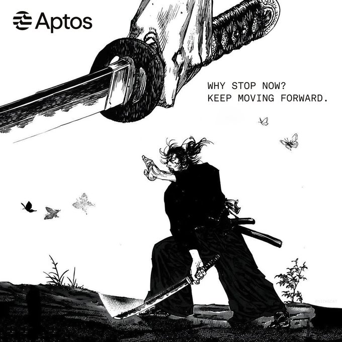 The image features a black and white illustration of a man holding a sword with an arrow pointing towards him. The background shows a garden scene with trees and birds flying around. The caption at the bottom of the image reads, "Why stop now? Keep moving forward."