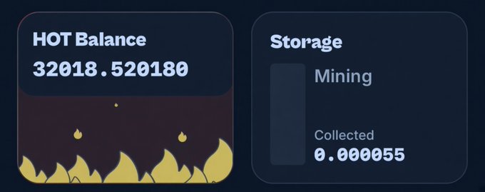 The image shows a cryptocurrency wallet interface displaying a "HOT Balance" of 32018.520180 with a burning flame graphic, alongside a "Storage" section showing "Mining" with a Collected amount of 0.000055. The empty mining returns paired with the "rip $HOT" caption suggest disappointment with the token's negligible rewards despite a substantial balance.
