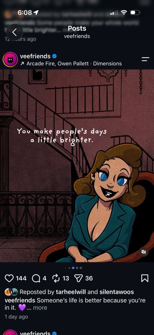 An Instagram post by 'veefriends' reposted by tarheelwill and silentawoos showing an animated woman in a teal blazer with text 'You make people's days a little brighter.'