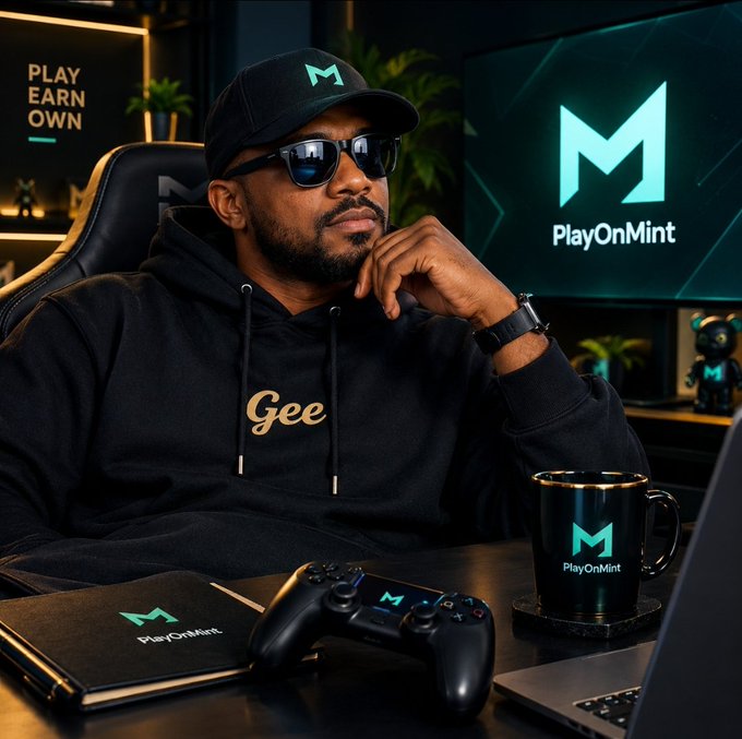 A man wearing a black cap, sunglasses, and a black hoodie sits at a gaming setup; the scene features 'PlayOnMint' branding with the tagline 'PLAY EARN OWN', along with a branded mug, game controller, and laptop.