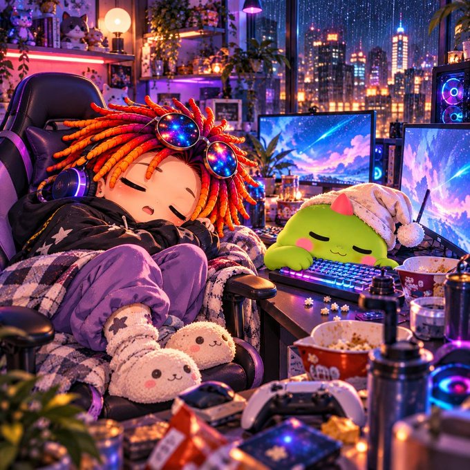 An AI-generated illustration of a cute cartoon character with orange dreadlocks and galaxy-print sunglasses sleeping in a gaming chair, accompanied by a green blob character at a keyboard in a neon-lit, cyberpunk-style room.