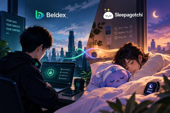 A split digital illustration showing Beldex with text 'YOUR DATA, YOUR IDENTITY, YOUR CONTROL' on the left, and Sleepagotchi with checklist items 'Better Sleep,' 'Healthier You,' and 'More Life' on the right.