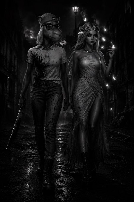 A dark, atmospheric black-and-white illustration of a girl in a cat mask holding a bat alongside an ethereal woman in a flowing dress surrounded by butterflies.