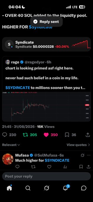 Twitter/X post showing cryptocurrency chart for $Syndicate token, with user @ragedyor commenting the chart is 'primed asf' and price showing -80.06%.