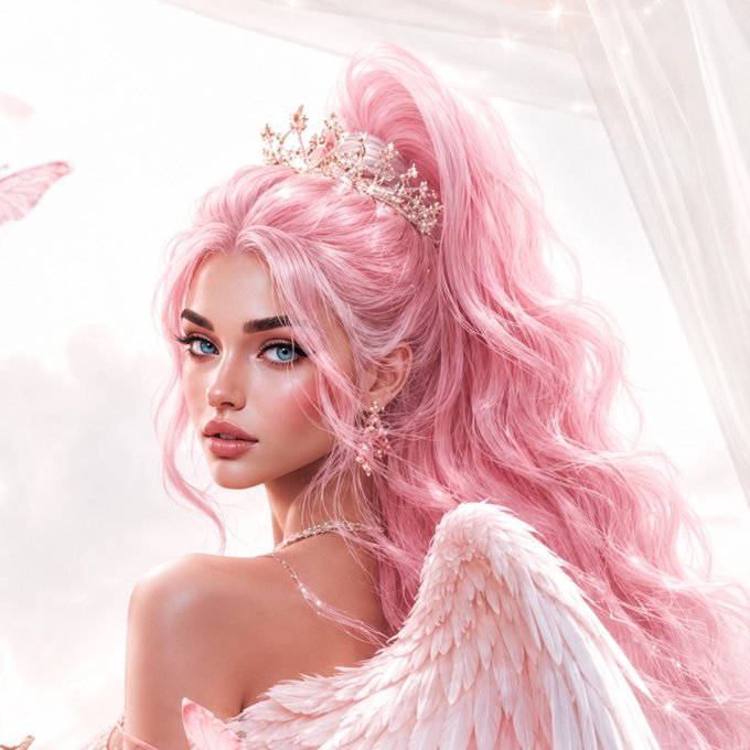 A digital illustration of a fairy-tale-like figure with voluminous pink hair styled in a high ponytail, wearing a delicate golden tiara, star-shaped earrings, and feathered angel wings against a dreamy pink backdrop. The ethereal, princess aesthetic complements the caption's reference to "the pfp" (profile picture), showcasing a glamorous fantasy avatar design.