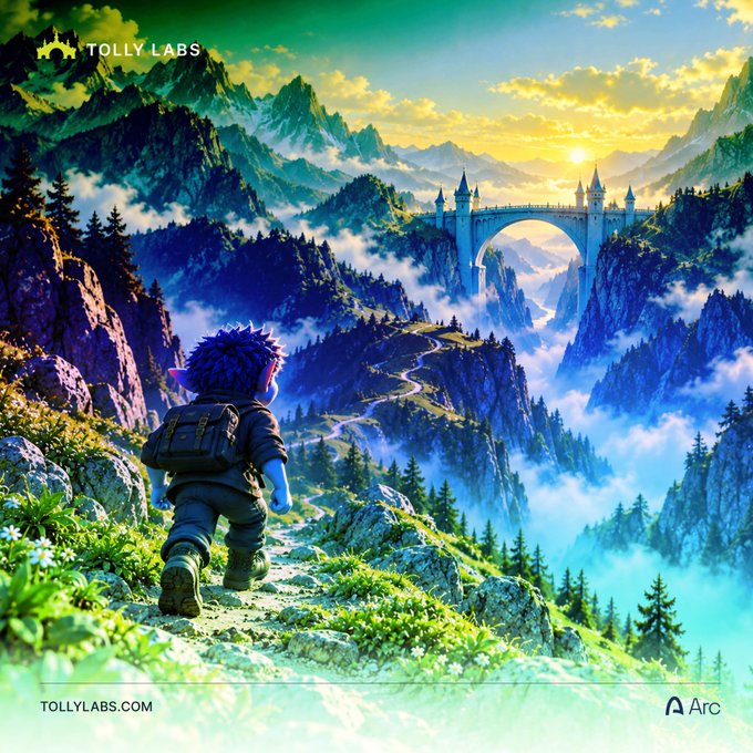 A small character with a backpack gazes across a misty mountain valley toward a castle bridge, with "Tolly Labs" and "tollylabs.com" branding visible alongside an "Arc" logo, visually echoing the post's message of emerging from a challenging period to continue building their journey.