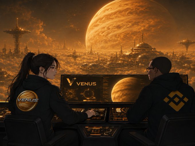 Two pilots in dark uniforms—one labeled "VENUS"—monitor a control panel displaying "VENUS" data and a planetary hologram, gazing out at a futuristic Venusian colony beneath a massive orange planet. The sci-fi scene visually echoes the post's VenusCoin/XAUt launch on BNBCHAIN, framing the cryptocurrency project as a bold, otherworldly venture.