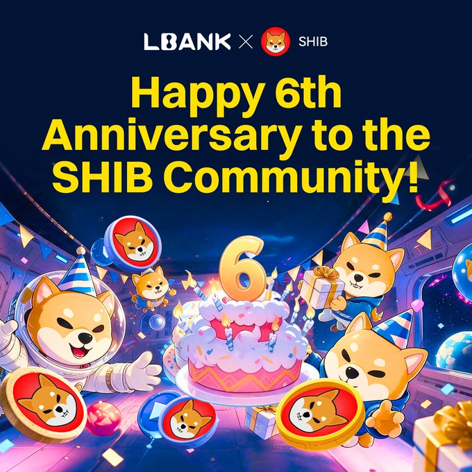 A festive illustration shows Shiba Inu characters in astronaut suits and party hats celebrating around a birthday cake with "6" candles, alongside LBank and SHIB logos. The bold text reads "Happy 6th Anniversary to the SHIB Community!" The image visually brings the post's message to life, capturing the celebratory milestone of SHIB's six-year journey and the collaborative spirit between LBank and the SHIB community.