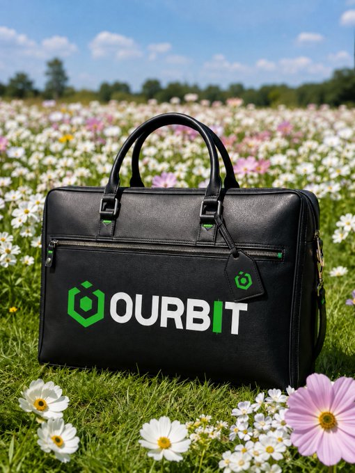 Black briefcase branded with 'OURBIT' logo and text sitting on grass surrounded by white and pink flowers with a blue sky in the background.