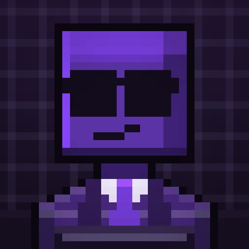 A pixel art image showing a purple skeleton character wearing dark sunglasses and a purple suit with a white collared shirt and purple tie against a dark purple checkered background.