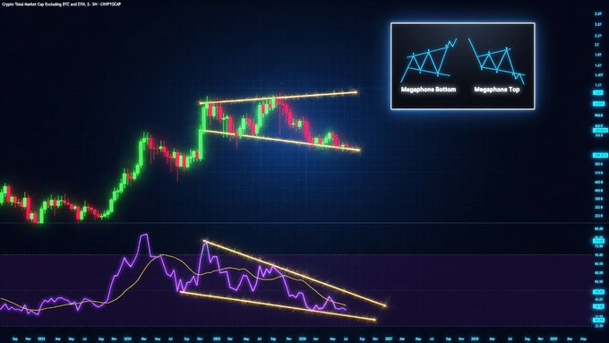 A cryptocurrency price chart (CRYPTOCAP:OXYR) displays a descending megaphone pattern (megaphone bottom and megaphone top) alongside an RSI indicator showing a similar descending wedge, illustrating a bullish setup for altcoins as suggested by the post's claim that "The biggest rise for TOTAL3 is yet is coming."
