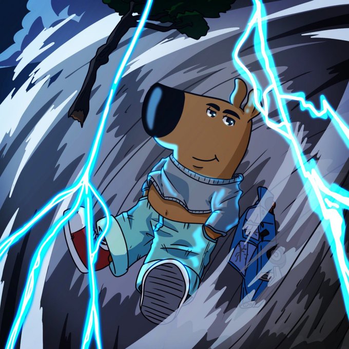 A calm-faced cartoon dog in a hoodie stands unflappably as swirling winds and bright lightning bolts crackle around him, perfectly embodying the "Remain chill at all times" mantra.