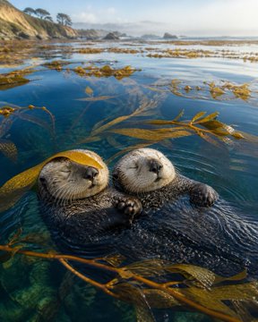 Two sea otters floating on their backs in clear water, holding paws amid strands of kelp.