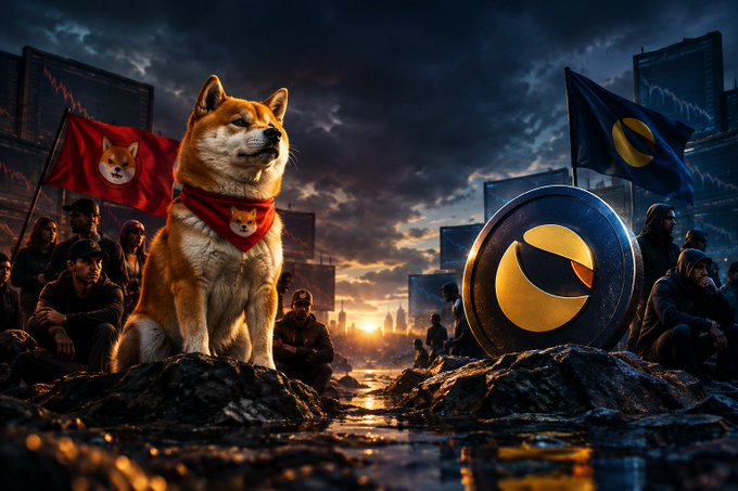 A dramatic digital illustration of a Shiba Inu dog wearing a red bandana standing on rocks, flanked by figures holding red Shiba and blue Terra flags next to a large Terra logo.