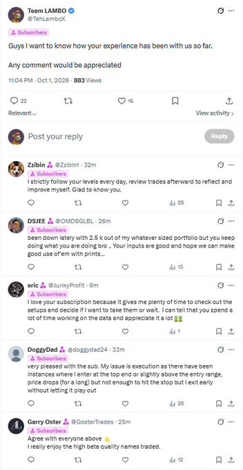 A Twitter post from Team LAMBO (@TehLambox) asking subscribers for feedback on their experience, with replies showing positive responses including comments from Ziblin, DSJEE, eric, DoggyDad, and Garry Oster praising the service's high-quality trade ideas, alerts, and beta quality names. The post by Team LAMBO notes that 25 subscribers left comments, demonstrating subscriber satisfaction with their $14/month trading service.