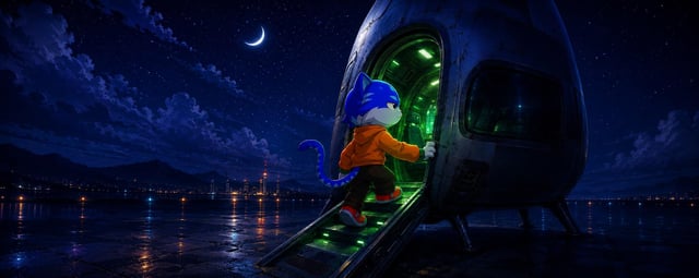 The image features a cartoon character, likely a cat or dog, standing on top of an airplane with its feet hanging out of the door. The scene takes place at night under a dark sky with stars visible above. The caption below the image suggests that there is a sale going on for Toshi Coin wallets and encourages viewers to check it out.
