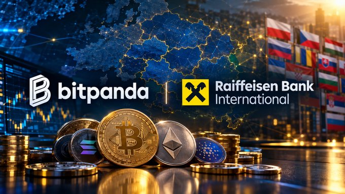 A promotional graphic featuring the logos of Bitpanda and Raiffeisen Bank International set against a European map, with various cryptocurrencies like Bitcoin and Ethereum displayed at the bottom.