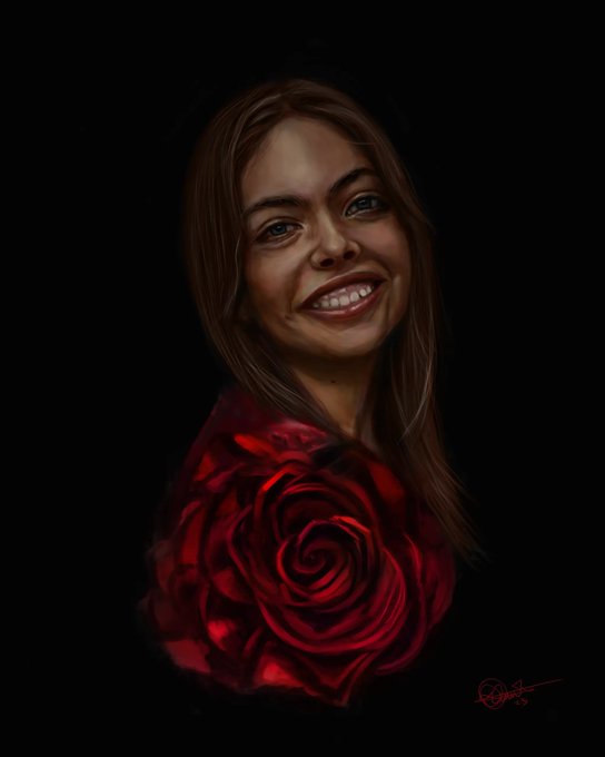 A digital painting tribute featuring a smiling woman with long brown hair alongside a vibrant red rose against a dark background, signed by the artist. The artwork visually echoes the post's heartfelt appreciation, with the rose symbolizing the love and admiration expressed for this cherished Web3 community member.