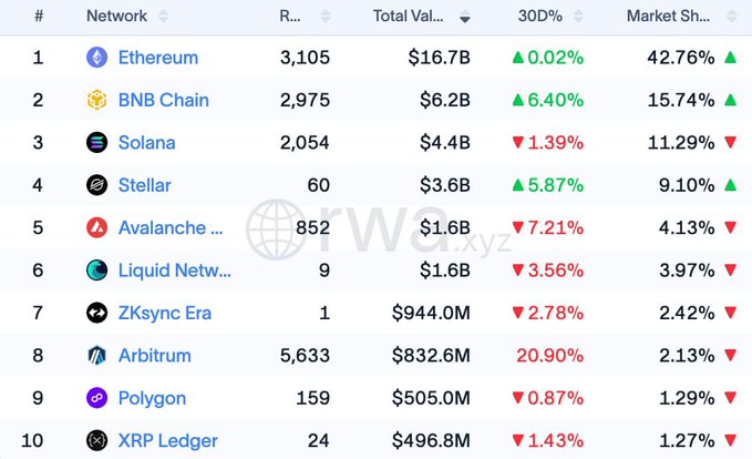 A cryptocurrency market table lists networks including Ethereum, BNB Chain, Solana, Stellar, Avalanche, Liquid Network, ZKsync Era, Arbitrum, Polygon, and XRP Ledger, with prices, 30D percentages, and market-share figures.