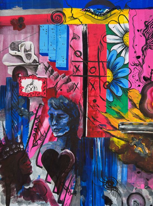 A vibrant, chaotic abstract painting features a tic-tac-toe grid, a large blue daisy, a pink eye, and a blue-skinned figure with horns amidst swirling bright colors.