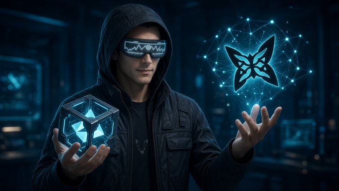 A digital illustration shows a hooded figure wearing a high-tech visor, holding a glowing blue cube in one hand while conjuring a butterfly-shaped hologram with the other in a dark, cyberpunk setting.