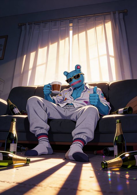 The image features a man sitting on a couch, wearing sunglasses and holding a beer bottle. There are several bottles scattered around him, including one that reads "buying $brett", which seems to be related to the post about never working again. The scene is set in an indoor room with a window, creating a relaxed atmosphere for the man's leisurely activities.

The image also includes other elements such as a couch and a chair, suggesting that it could be part of a larger living space or a shared area where people gather to unwind and socialize.