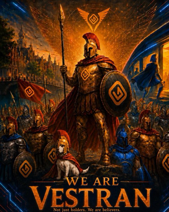 A dramatic fantasy-style illustration titled 'WE ARE VESTRAN,' depicting a golden-armored Spartan-like warrior holding a spear and shield bearing a logo, surrounded by an army. The tagline reads 'Not just holders. We are believers.'