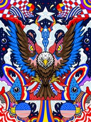 Colorful patriotic-style digital artwork featuring an eagle, American flags, hearts, and ornate decorative patterns in red, white, blue, and gold.