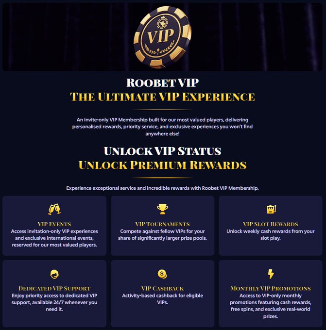 The image is a promotional graphic for "Roobet VIP – The Ultimate VIP Experience," featuring a gold VIP poker chip logo on a dark background, with sections highlighting benefits like VIP Events, Tournaments, Slot Rewards, Dedicated Support, Cashback, and Monthly Promotions. It connects to the post by advertising Roobet's VIP membership program as a premium gaming and prediction platform, tying into the excitement around prediction markets mentioned in the caption.