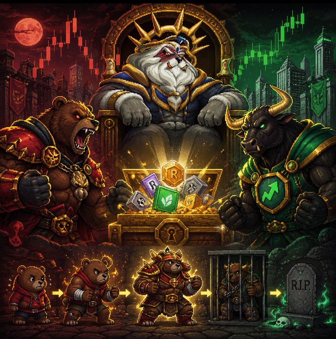 An AI-generated fantasy illustration features a lion king on a throne flanked by a bear and a bull warrior, with a progression of bear characters below and stock market candlestick charts in the background.