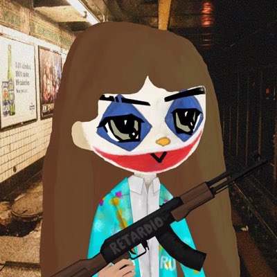 An animated illustration of a female character with blue eye makeup, wearing a teal shirt and holding an AK-47 rifle labeled 'RETARDIO' in a subway station setting.