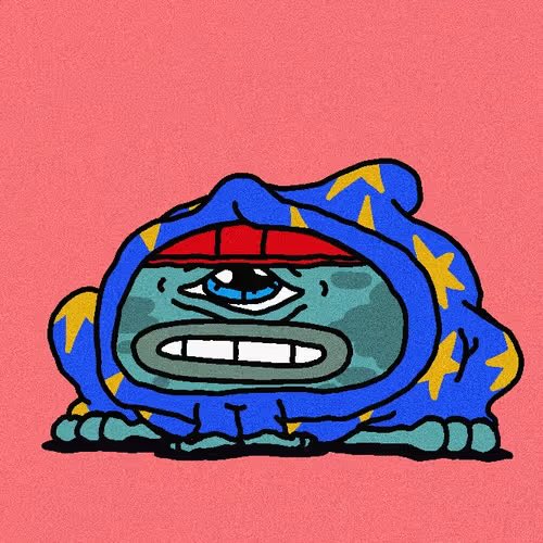 A cartoonish, grumpy-looking toad character with a single large blue eye, clenched teeth, and a blue patterned hood, set against a pink background, accompanies the post's playful query about "toadzers" NFT collection on Rally.io, emphasizing the meme-worthy, expressive art style.