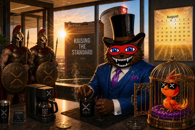 A dapper, grinning wolf mascot in a top hat sips coffee beside XRP-themed "Army Army" coins, ancient Spartan guards, and a caged phoenix, with a calendar showing August and a banner reading "Raising the Standard XRP." The image celebrates Ripple's regulatory milestone of obtaining full MiCA CASP authorization across the EU, symbolizing XRP's rising institutional legitimacy and global expansion.