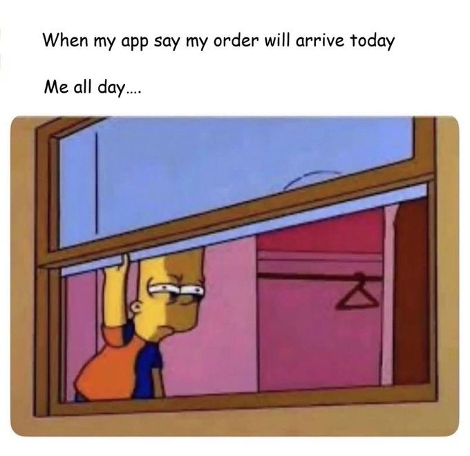 The image features a cartoon character, likely Winnie the Pooh, standing by an open window with his hand raised up against the glass. The caption below the image reads "When my app say my order will arrive today... Me all day..." which is a humorous and relatable statement about waiting for online orders to arrive.