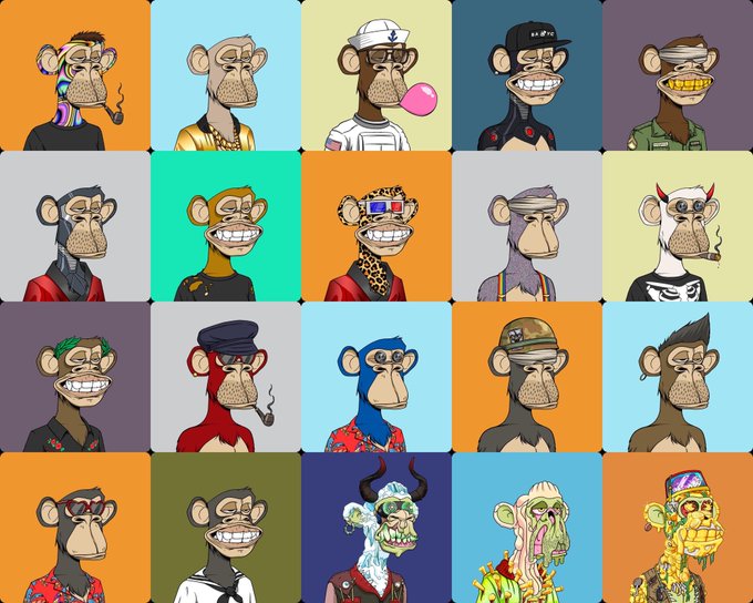 A grid of 20 cartoon Bored Ape NFTs with various accessories, clothing, and facial expressions displayed against colored backgrounds.