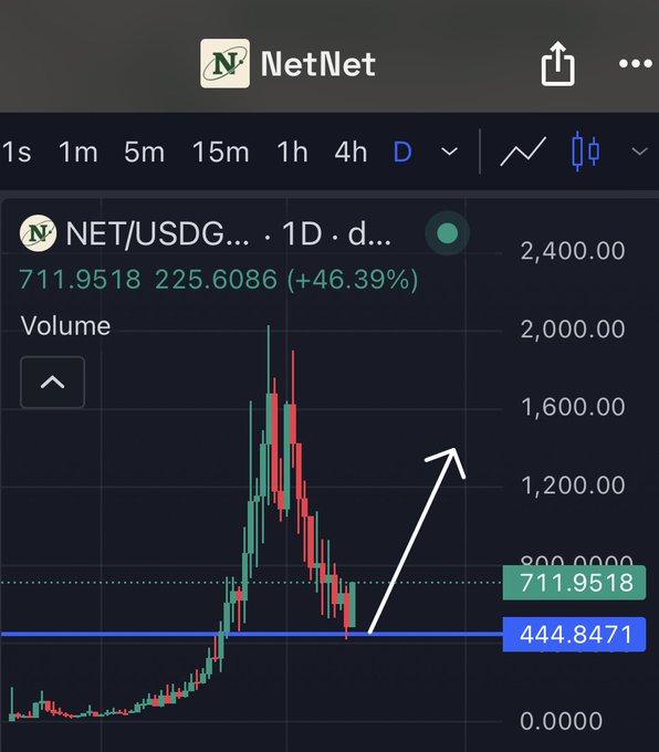 A TradingView chart for the "NetNet" (NET/USDG) token showing a daily candle chart with a current price of 711.9518, marked with a +46.39% gain and an arrow indicating an upward trend.