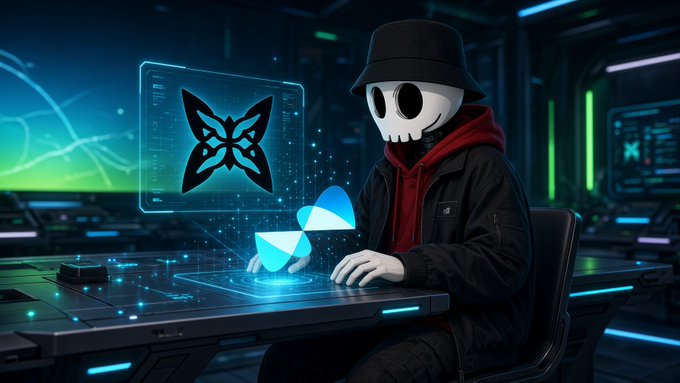 A digital illustration of a character wearing a skull mask, red hoodie, black jacket, and bucket hat, sitting at a futuristic desk interacting with glowing holographic butterflies and a fox-like symbol on a screen.