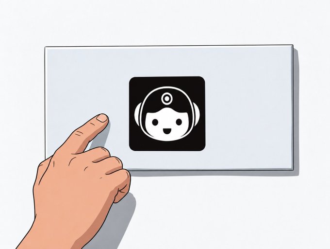 The image features a hand pointing at a sticker that has an image of a robot face on it. The sticker is placed next to a white wall, with the hand positioned above it. The background appears to be a gray color, which contrasts nicely with the white wall and the black and white sticker.